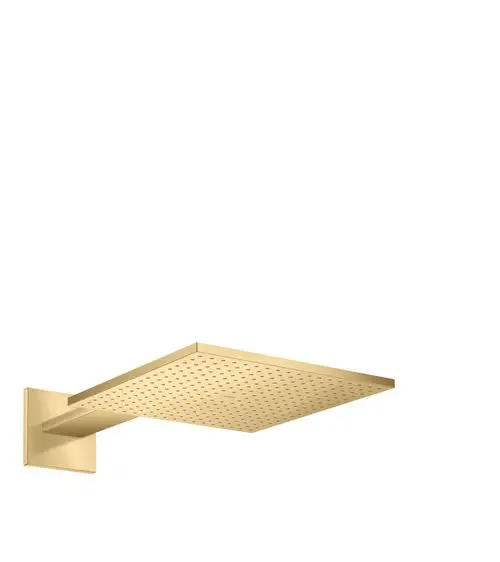 Kopfbrause von AXOR in gebürstetem Gold mit quadratischer Fläche und gleichmäßiger Düsenausführung, montiert an einem geraden Brausearm.